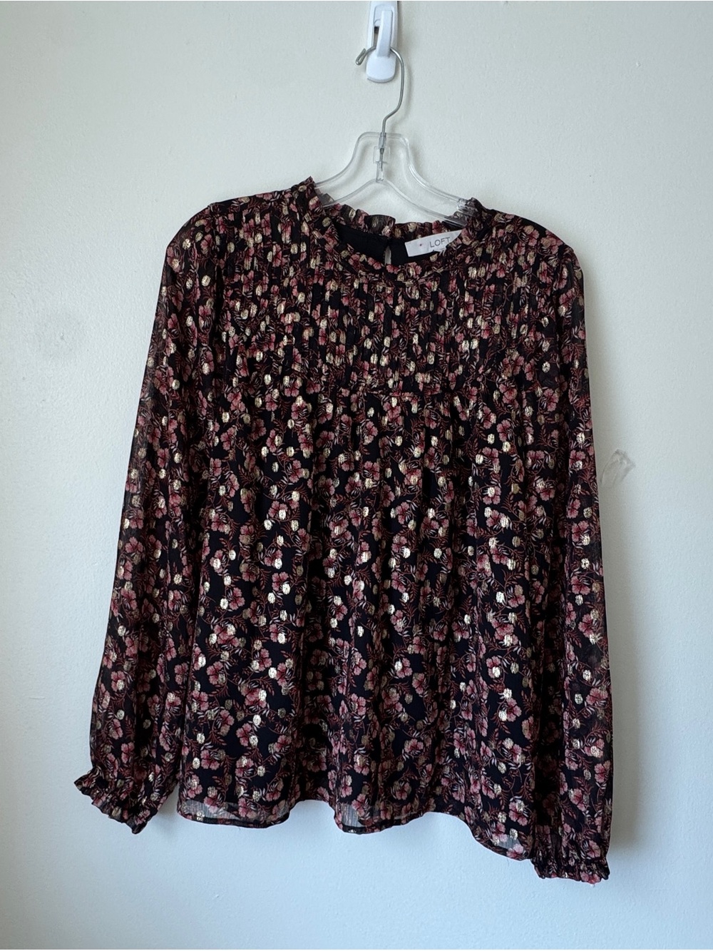 LOFT Floral Metallic Smocked Neck Blouse Size Large